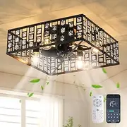 Jaycomey Caged Ceiling Fan with Light,19.6" Black Crystal Fandelier Ceiling Fan with Light，Bladeless Industrial Ceiling Fan for Bedroom, Living Room, Dining Room(6-Speed, Timing)
