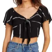 Volcom women's off the shoulder tie front crop top black size Large