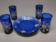 HANDPAINTED COLBALT BLUE SNOWFLAKE SNACK SET (4) TUMBLERS & SNACK PLATE