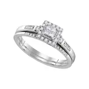 14k White Gold Princess Diamond Cluster Bridal Wedding Ring Set 1/4 Cttw