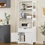 Kitchen Pantry Storage Cabinets Freestanding Tall Bathroom with Shelves and Drawer 64''H Sideboard Storage Cabinet with Microwave Space Cupboard Storage Organizer for Home Office,White