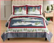 3 Piece- St Nicholas Blue SNOWMAN Plaid Patchwork Reversible QUILT + SHAMS -KING