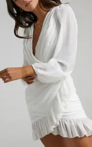 Can I Be Your Honey Mini Dress - Plunge Balloon Sleeve Dress in White