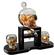 Skull Skeleton Wine & Whiskey Decanter Set 750 mL with 2 Skull 3oz Skeletons Shot Glasses + Mahogany Wooden Base & Pouring Spigot Halloween Decor Glass, Goth Spooky Drinking Glassware The Wine Savant