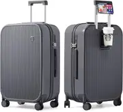 mixi Luggage with Cup Phone Holder Hard Shell Rolling Travel Suitcases with Spinner Wheels, Rock Gray, 24-inch