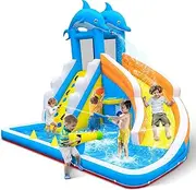 TOAOB Inflatable Water Slide: 5 in 1 Bounce House Water Park for Kids - Climbing Wall Splash Pool Water Cannon Basketball Rim - 480W Blower - Wet & Dry Indoor Outdoor Backyard Birthday Party Gift
