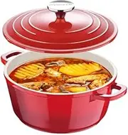 OVENTE Dutch Oven Pot with Lid, 4.6 Quart Aluminum Non-Stick Coated Cookware for Sourdough Bread Baking, Braising, Cooking Soups and More, Oven and Dishwasher Safe, Works on All Stovetops, Red DOA546R