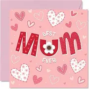 Birthday Card for Mum - Best Mum Ever - Cartoon Love Heart Happy Birthday Mother's Day Card from Son Daughter, 145mm x 145mm Beautiful Mothers Day Greeting Cards for Mummy Mama Mam Mammy Mom Mommy