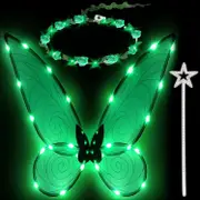 Morakot 3pcs Light up Fairy Wings for Adults,LED Butterfly Wings for Girls,Angel Wings Halloween Costume Dress Up for Kids Green