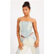 Light Blue Wash Seam Detail Corset Top, Light Blue