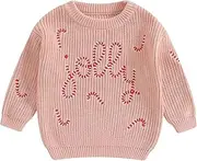 [Xiaodriceee] Toddler Baby Girl Christmas Sweater Cute Letter Cane Embroidery Knitted Tops Long Sleeve Warm Knitwear Pullover