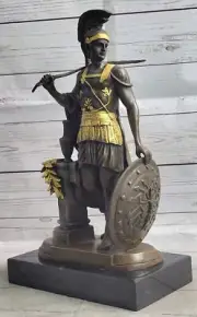 Handcrafted Roman Warrior Gilt Bronze Sculpture Sword Shield Statue Artwork