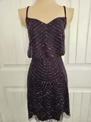 NWT amethyst Eggplant Adrianna Papell Sequin & Beaded Mesh Blouson Dress size 8