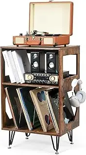 [ikkle] Rustic Record Player Stand, 2 Tier with Vinyl Storage, Record Player Storage with Metal Legs, Vinyl Record Stand for Living Room, Bedroom(160 Albums)