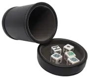 Black PU Leather Dice Cup Grey Felt Lined Lid Tray + White Poker Dice Clubs Ace