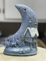Vintage Ceramic Winter Crescent Moon/Church/Town/Stars Night Light