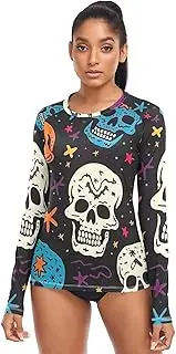 [RPLIFE] Colorful Skulls Stars Women's Long Sleeve Running Top, Summer SPF Shirt, Colorful Skulls Stars, Small
