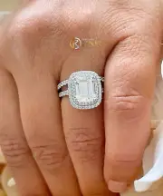 14K SOLID WHITE GOLD EMERALD MOISSANITE ENGAGEMENT RING AND BAND HALO PRONG 2.50