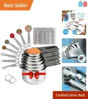Stainless Steel Measuring Cups Set of 16 with Conversion Chart & Leveling Spoon