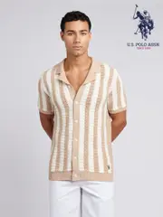 U.S. Polo Assn. Natural Mens Crochet Knit Open Collar 100% Cotton Polo Shirt (F61771) | $185