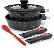 [AIKENBBKK] Nonstick Pot and Pan Set with Removeable Handle, Granite Coating 8 inch Frying Pan & 1.8 QT Saucepan with Lid, Oven& Dishwasher Safe (Black, 4pcs Sets)