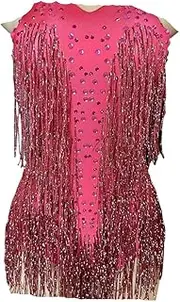 [Generic] Sparkly Bodysuit Women Party Dance Costume Stage Wear Tassel Leotard Performance Clothing(Watermelon Red,S-M)
