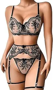 [Generic] 4-Piece Set of Women's Underwear, Classic Floral Embroidery, Satin Bow, Garter Belt