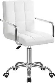 Mid-Back Office Task Chair Ribbed PU Leather Executive Chair Modern Adjustable Home Desk Retro Comfortable Work Chair 360 Degree Swivel with Arms (White)