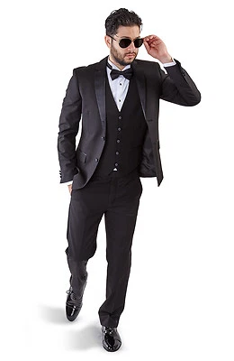 Slim Fit AZAR MAN Black Tuxedo 2 Button Satin Notch Lapel 3 Piece Vested BY AZAR