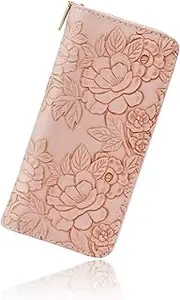 [WisePoint] Ladies Purse, PU Leather Purses for Women, Long Ladies Purses Women's Wallets with Flower, Fashion Women's Purse for Travelling, Dating, Shopping, Party, Pink, L, Minimalist