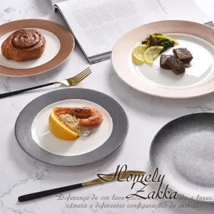 【Homely Zakka】北歐輕奢風金邊皮革陶瓷餐具/牛排盤/西餐盤_平盤銀邊灰色20.5cm(餐具 餐碗 盤子 器皿)