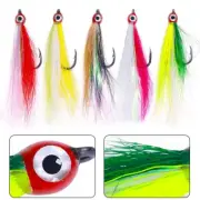 Vibrant Colors Fishing Bucktail Teaser Hooks with Feather Skirt Set of 5