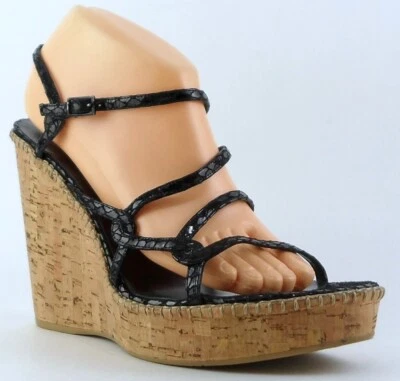 $325 STUART WEITZMAN ACROBAT Black Serpent Leather Designer Platform Wedges 10