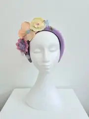 Miss Whimsical. 3D floral lace headband fascinator in Lilac / pastel multi
