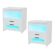 Advwin Bedside Table Set of 2 Wireless Charging Station LED Lights 2 Drawers Storage White