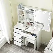 Vanity Desk with Mirror and Lights, Small Dressing Table with Lights and Stool, Vanity Table with 5 Drawers,Sliding Mirror, White