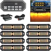 Led Grille Strobe Lights Amber Controller Panel, 20 Flashing Mode, Surface Mount 12-LED Upgraded Waterproof Mini Warning Grill Light Bar for Construction Tow Trucks Van Utility Vehicles, 8pcs Pack