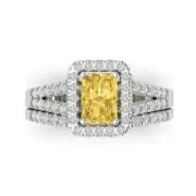 1.60ct Emerald Round Cut Halo Yellow Stone Ring bridal Set 14k White Gold