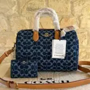 COACH Rowan Large Satchel Bag Signature Canvas Denim Blue/wallet option NWT