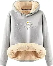 [Generic] Daisy Print Hoodie Sweatshirts Oversized Sherpa Lined Winter Warm Hoodies Loose Long Sleeve Pullover For Teen Girls, Light Gray, Large, Light Gray, Large