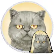 Cats Art Paintings Yellow Eye Cranky Grey Cat Round Beach Towel