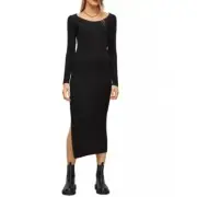 Allsaints Womens Dress Size 12 Black Rina Ribbed Long Sleeve Split Side Midi