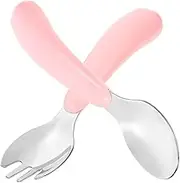 CRILSTYLEO Toddler's 2-in-1 Stainless Steel Spoon Fork Set Ergonomic Handle Non-Slip Easy to Clean Training Utensils for Kids