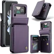 [XIMAND] for Samsung Galaxy Z Flip 4 Wallet Case with RFID Blocking and 4 Credit Card Holder, Premium Durable Leather Magnetic Clasp Kickstand Heavy Duty Shockproof Protective Cover.- Purple