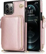 Leather Wallet Phone Case with Lanyard Strap Crossbody Chain Phone Protective Back Cover Zipper Closure Credit Card Holder (Compatible with iPhone 11Pro, Rose Gold)