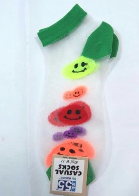 Womens Multi-colored Smiley Face SHEER Fashion Ankle Socks SZ 9-11 Green Trim A