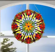 Round 24in Tiffany Style Dragonfly Stained Glass Window Panel Suncatcher