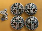 Lot Of 4 Silver Cross With Green Rhinestone Conchos With Screws 1”