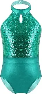 [Oyolan] Kids Girls Gymnastics Outfits Tumbling Dance Leotards Sparkly Sequins Sleeveless Unitards Bodysuit With Shorts