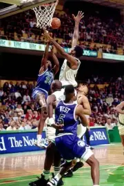 Isaiah Rider Minnesota Timberwolves attempts a fadeaway jumper v R- Old Photo